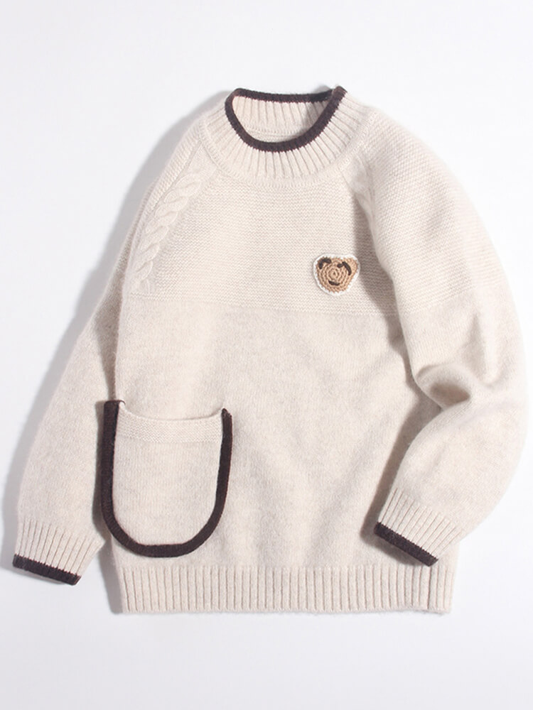 (image for) Kids Ivory Cashmere Sweater with Bear Patch and Pocket